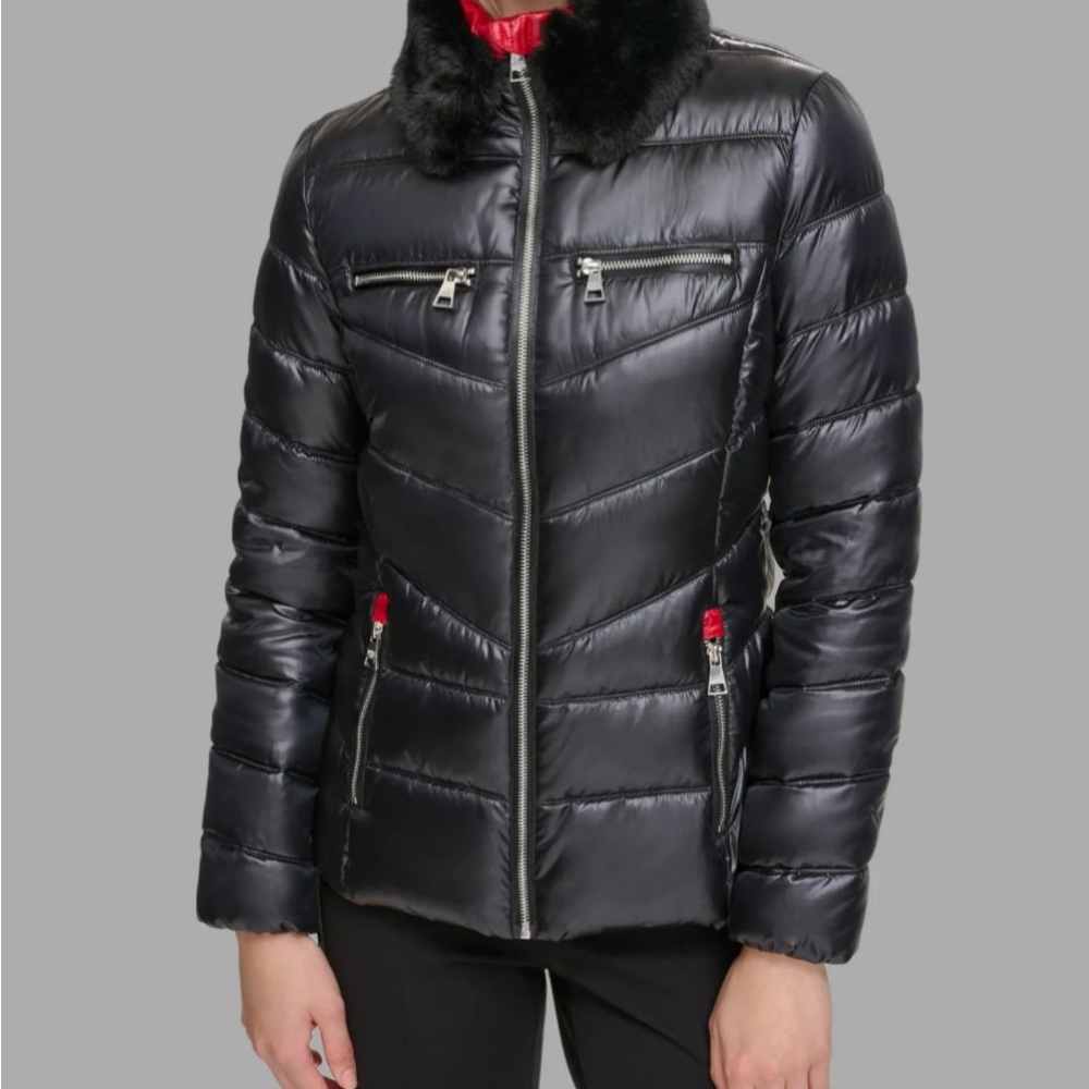 Black Puffer Jacket with Faux Fur Collar